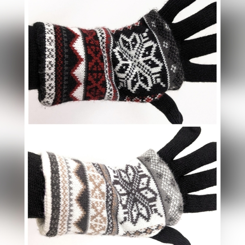 Muk Luks Knit Gloves & Reversible Hand Warmers Touch Sensitive Scandi Black Tan